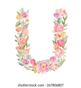 Floral Watercolor Monogram Letter U. 