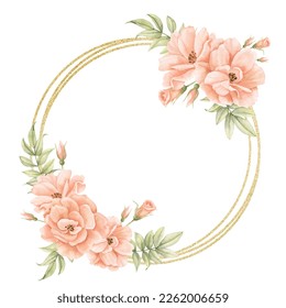 Floral watercolor Wrath with pink Rose Flowers and golden circular Frame. Hand drawn Template for greeting cards or wedding invitations on isolated background. Round botanical vintage border.