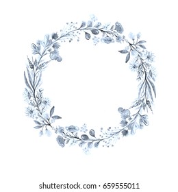 Floral watercolor wreath,gray - blue color.