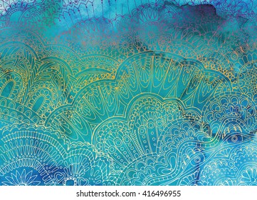 Floral watercolor zentangle background, white and orange patterns on blue and turquoise aquarelle painting