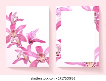 Floral wedding invitation, frame page design set with pink asian orchid flower bouquet. Exotic background pattern for tropical menu, notebook template, summer Sale, holiday poster - Powered by Shutterstock