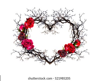 Floral Wreath - Heart Shape. Twigs, Rose Flowers. Watercolor In Gothic Style