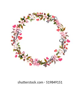 Floral Wreath With Pink Flowers, Hearts And Keys. Watercolor Circle Border For Valentine Day, Wedding