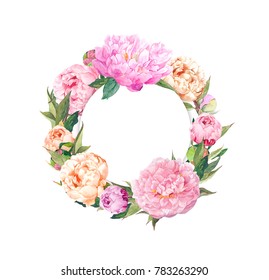 Floral Wreath - Pink Peony Flowers. Romantic Circle Frame. Watercolor