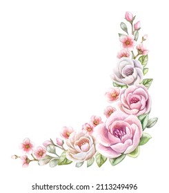 Floral wreath, spring frame. center for custom text. Watercolor hand painted flowers. Pink flowers and roses on a colored background. For web pages, wedding invitations, greeting cards