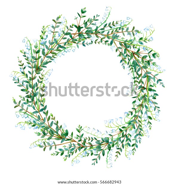 花輪 谷のリリーとユーカリの枝を持つ花輪 水彩手描きのイラスト のイラスト素材