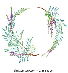 Floral wreath.Garland with pistachio branches and lavender flowers.Watercolor hand drawn illustration.It can be used for greeting cards, posters, wedding cards.White background.
