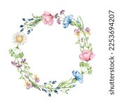 Floral wreath.Watercolor flower round frame.Wildflowers.Meadow flowers circle border.