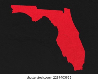 Florida red map on isolated black textured background. High quality coloured map of Florida, USA.
