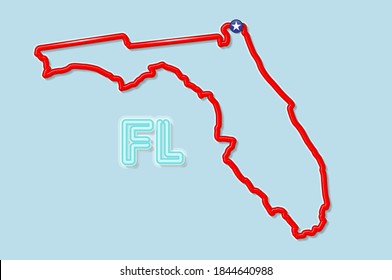 Florida US state bold outline map. Glossy red border with soft shadow. Two letter state abbreviation. illustration.