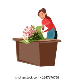 Florist packing bouquet illustration. Young smiling gardener, female seller in apron cartoon character. Plant nursing, sale business. Floristry occupation. Live flowers store employee. Raster copy - Powered by Shutterstock