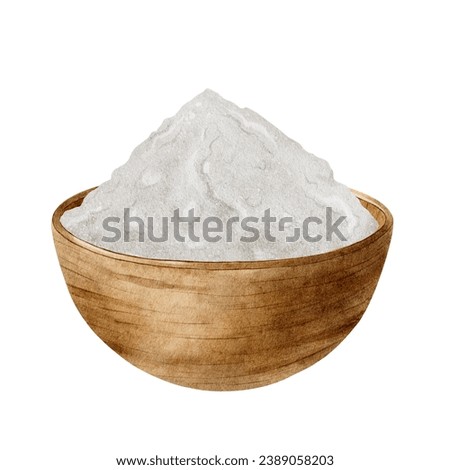 Flour in a wooden bowl. Baking ingredients. Bakery, Dough preparation. Watercolor illustration. Isolated. Culinary clipart for food blogs, design of labels and packaging of good, cards