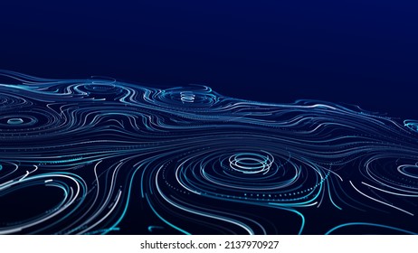 A Flow Of Smooth Swirling Vortices. Glowing Coils Of Turbulence On A Blue Background. Abstract Digital Wave. Big Data Sound Visualization. 3D Rendering.