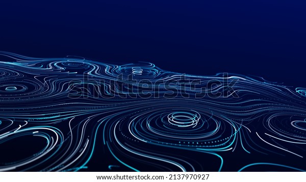 A flow of smooth swirling\
vortices. Glowing coils of turbulence on a blue background.\
Abstract digital wave. Big data sound visualization. 3D\
rendering.