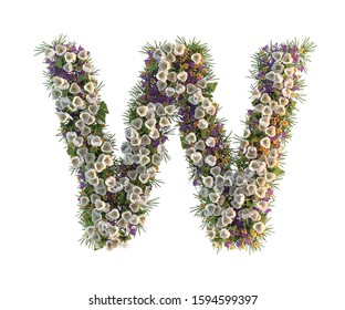 Flower Alphabet Letter W, 3d Rendering Of Capital Letter With Colorful Flower