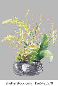 Flower Arrangement (ikebana) Isolated On Light Gray Background. Creative Composition With Branches And Leaves In Black Round Pot. Watercolor Hand Drawn Illustration. Japanese Style.