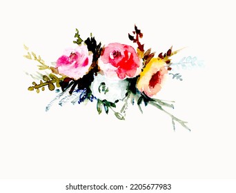 Flower Arrangement, Painted In Watercolor. Decorative Element For A Postcard. Colorful Floral Elements, Hand Draw Clipart , Watercolor Floral Composition