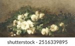 Flower arrangement painting. Stilleven met gitaar en rozen by Margaretha Roosenboom (1853 –1896). Vintage flower art drawing illustration, old white roses painting art print.