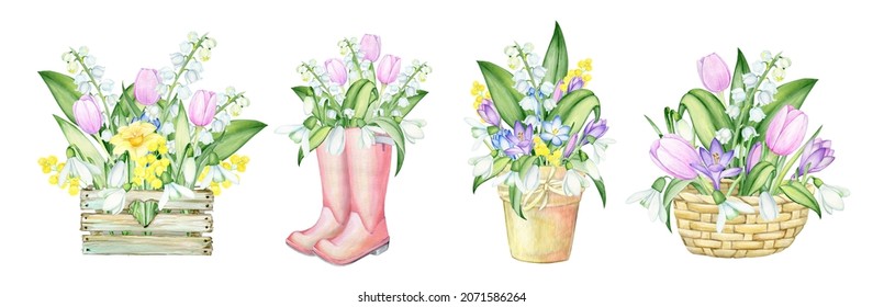 flower bouquets, box, boots, planters, basket. Watercolor set, stickers, on an isolated background.