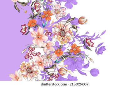 Flower composition colorful bouquet group seamless pattern illustration. Branches, plants natural fabric motif texture repeated. Lilac color background. - Powered by Shutterstock