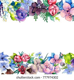 Flower Composition Frame In A Watercolor Style. Full Name Of The Plant: Tropical Flower. Aquarelle Wild Flower For Background, Texture, Wrapper Pattern, Frame Or Border.