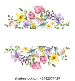 Flower frame border with place for text, watercolor hand drawing flowers and leaves. Printable digital illustration for greeting card, wedding invitation. - Powered by Shutterstock