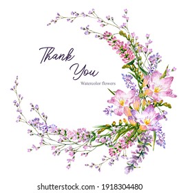 Flower frame wreath of lavender freesia, and baby's breath watercolour illustration isolate