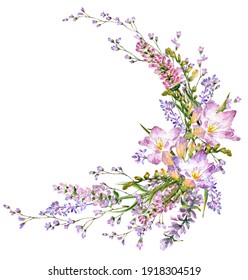 Flower Frame Wreath Of Lavender Freesia, And Baby's Breath Watercolour Illustration Isolate