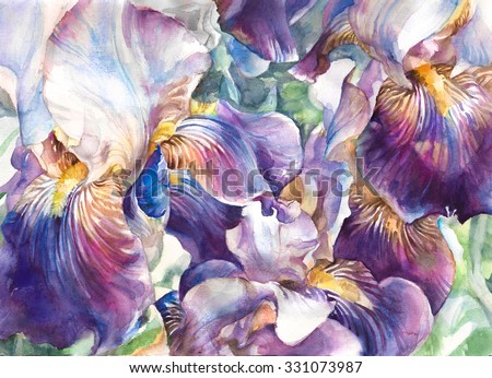 Flower garden. Beautiful watercolor flowers , background of flower petals in rich purple and violet tones. Hand illustration - watercolor on textured paper.
