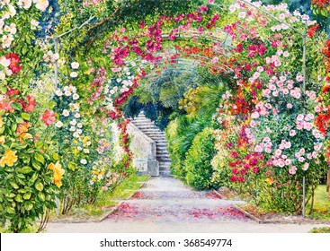 Flower Garden. Watercolor Illustration.