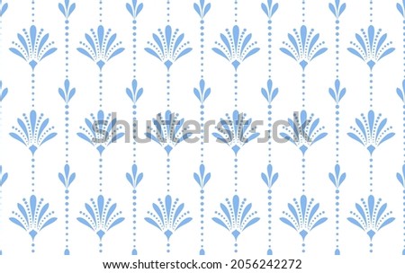 Flower geometric pattern. Seamless background. White and blue ornament. Ornament for fabric, wallpaper, packaging. Decorative print