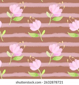 Flower hand draw pattern with chalk texture. Cute crayon print for childish textile design or wallpaper. Seamless ornament with flowers, leaves, pink stripes, drawing on a light brown  background