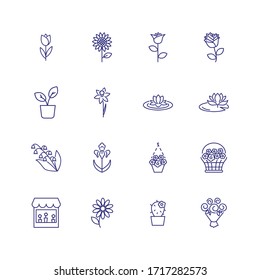 Flower Icons. Set Of Line Icons On White Background. Flower Shop, Houseplant, Flower Basket. Floriculture Concept. Can Be Used For Topics Like Plants, Botany, Gardening