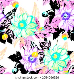 Flower with leaves on a colored background.Seamless pattern.
