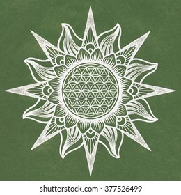 Flower of Life. Abstract ornamental mandala in dotwork style. Illustration hand drawing in ethnic style. Raster illustration