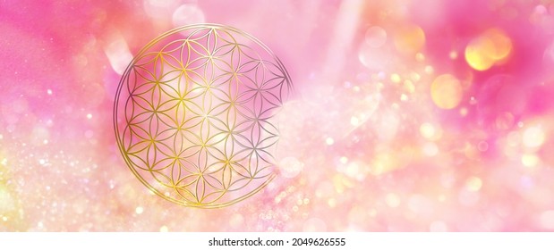 Flower of life in a brightly shining dimension of magenta-golden light symbolizes loving creation and life force 
