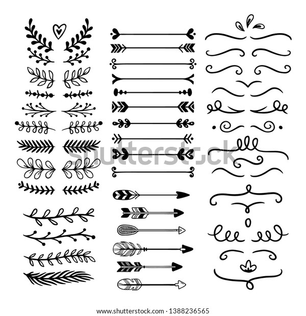 花飾りの仕切り 手描きのつる飾り 花飾りのデバイダー スケッチの葉飾り インクの飾りと矢飾りの飾り付けにビクトリア朝の落書きアイコンセット のイラスト素材