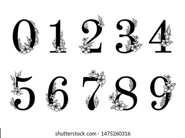 Flower Ornate Numbers. Elegant Blossom Number, Floral Sprigs Date And Numeric Monogram. Leaf Filigree Ornamental Numbers Character. Illustration Isolated Symbols Set