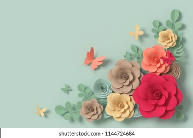 Flower Paper Style, Colorful Rose, Paper Craft Floral, Butterfly Paper Fly, 3d Rendering, With Clipping Path.