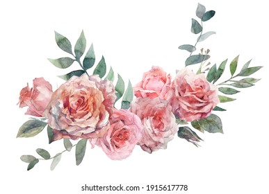 Flower Pink Rose, Green Leaves. Watercolor Floral Clipart. Wedding Concept With Flowers