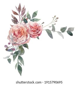 Flower Pink Rose, Green Leaves. Watercolor Floral Clipart. Wedding Concept With Flowers