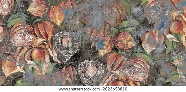 flower plant on a shabby textured wall in bright orange tones on a dark gray background, photo wallpaper in the room, cover, banner, poster