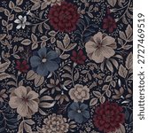 Flower seamless pattern featuring dark vintage botanical blooms on navy background
