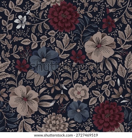 Flower seamless pattern featuring dark vintage botanical blooms on navy background