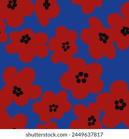 Flower seamless pattern, hand drawn background, simple shape flower in red and blue, minimal  modern style for textile print, wrapping paper, gift card, wallpaper, product design.