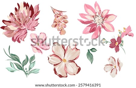 Flower set of isolated illustration elements.
Colorful floral elements detailed with leaves, leafs, branches. Peony, magnolia and bouquet. Green elements delicated. White color background. 