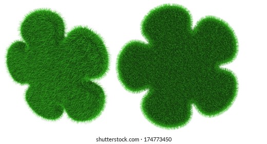 Flower shaped object covered with grass isolated on white background