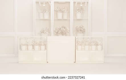 Flower shop. Pastel beige colors. Shop, bouquet, basket with flowers, bird, envelope. 3d render
 - Powered by Shutterstock