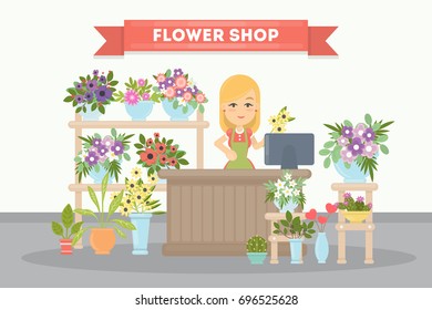 Flower shop saleswoman. Pots with plants and flowers with cashbox. - Powered by Shutterstock