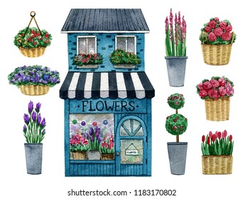 Flower shop set. Watercolor hand painted illustration